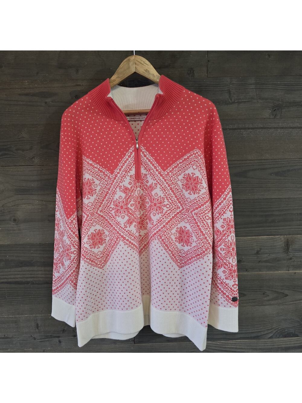 Obermeyer Women's XXL Nordic Snowflake Quarter Zip Sweater Pink White Ski Lodge